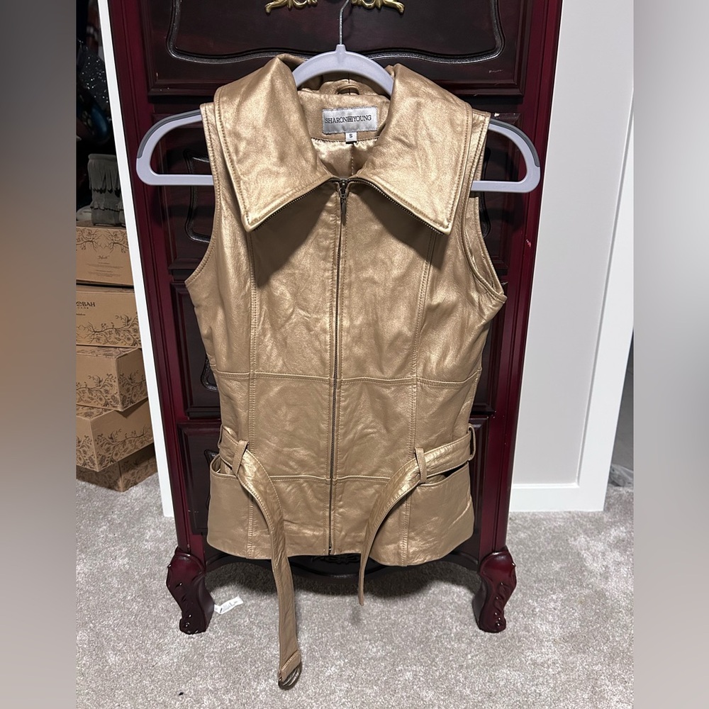 Sharon Young Gold Leather Vest Streetwear Festival Statement Piece